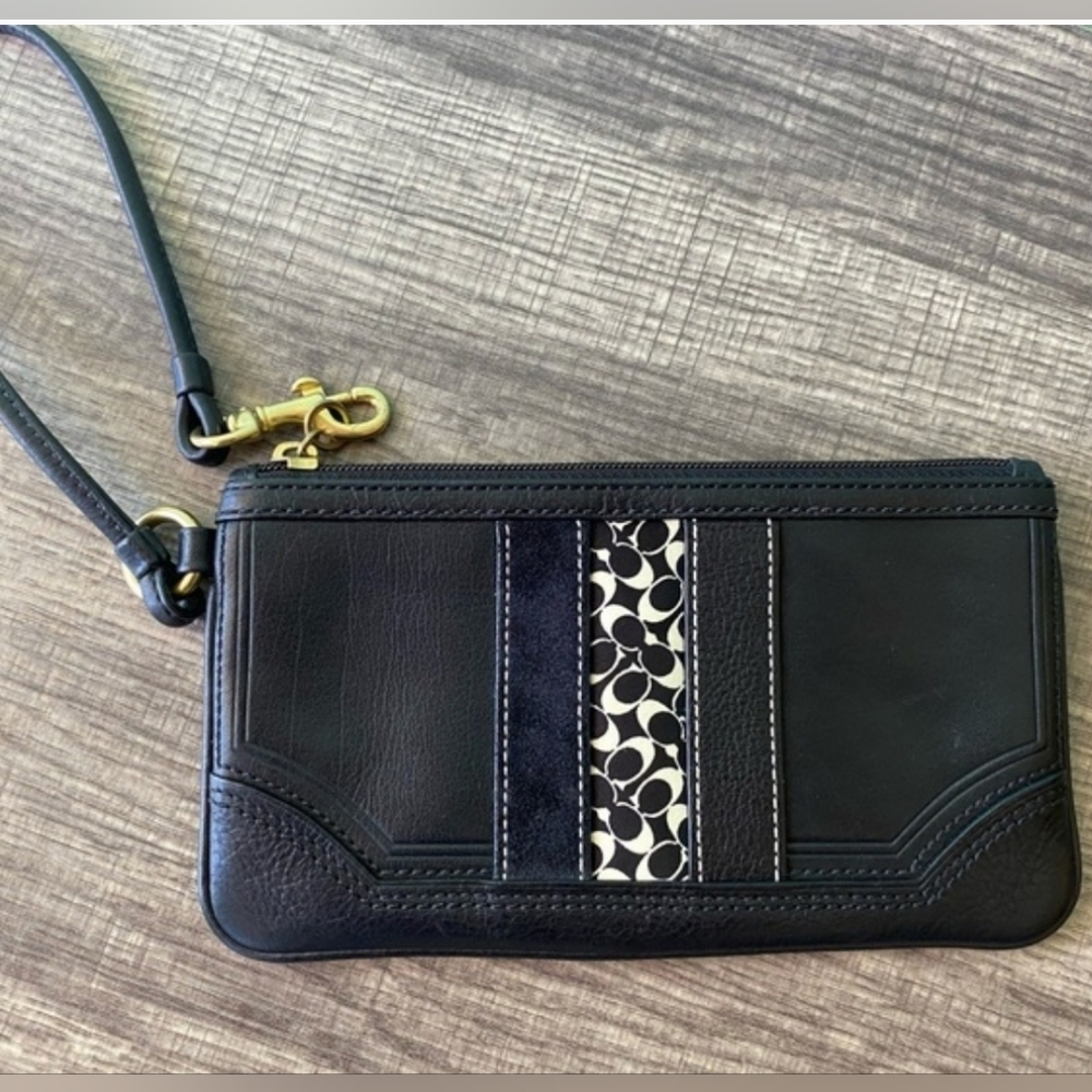 Coach Black Leather Signature Stripe Wristlet Wallet Pouch